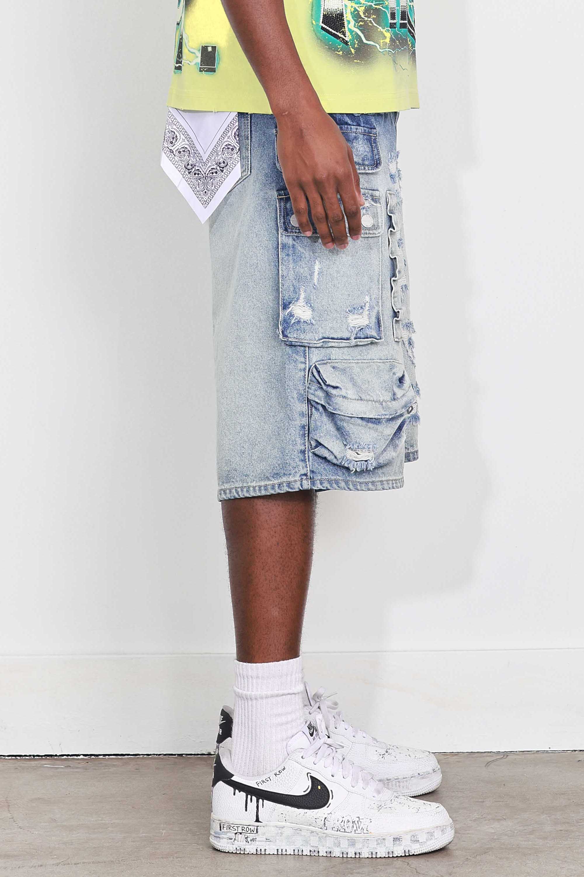WASHED MULTI CARGO DENIM JORTS