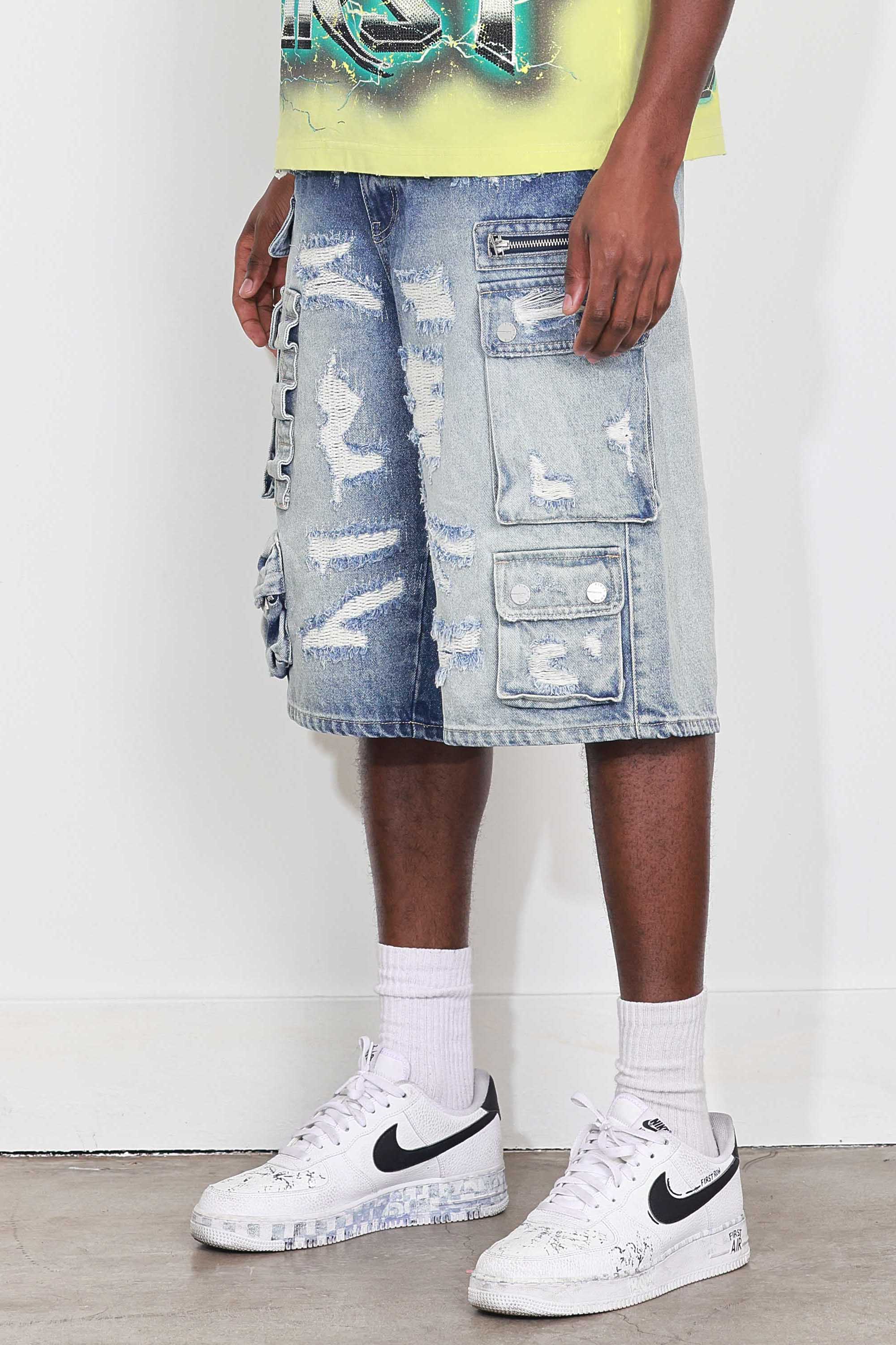 WASHED MULTI CARGO DENIM JORTS