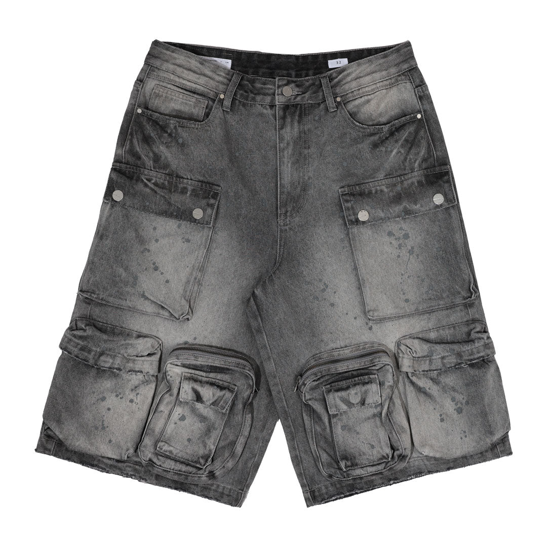 WASHED MULTI CARGO DENIM JORTS
