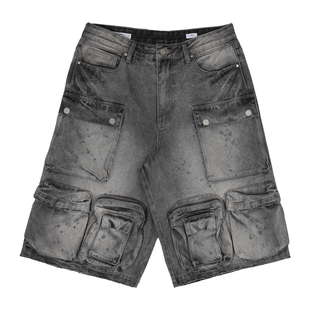 WASHED MULTI CARGO DENIM JORTS