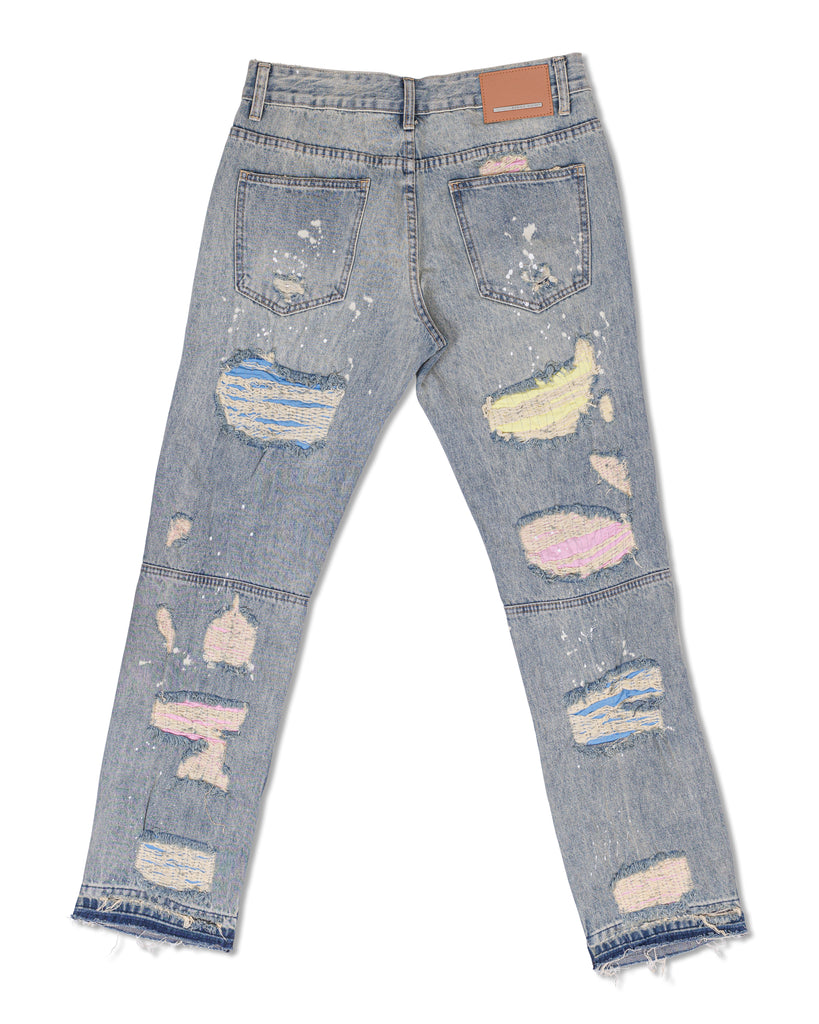 MULTI COLOR BACKING HEAVY  RIP & REPAIR STRAIGHT DENIM
