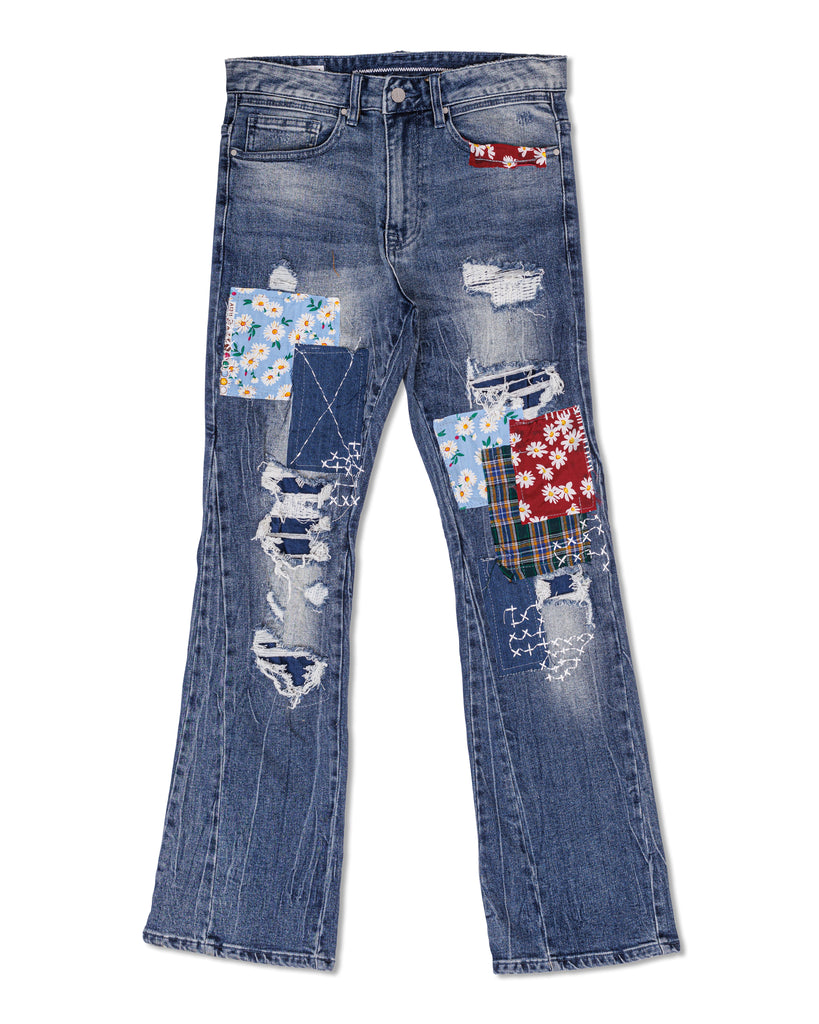 FLOWER AND CHECK FABRIC PATCHED SLIM FLARE DENIM