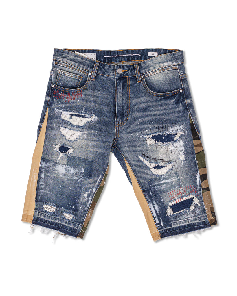 MULTI CAMO PANELED  RELEASED HEM DENIM SHORTS