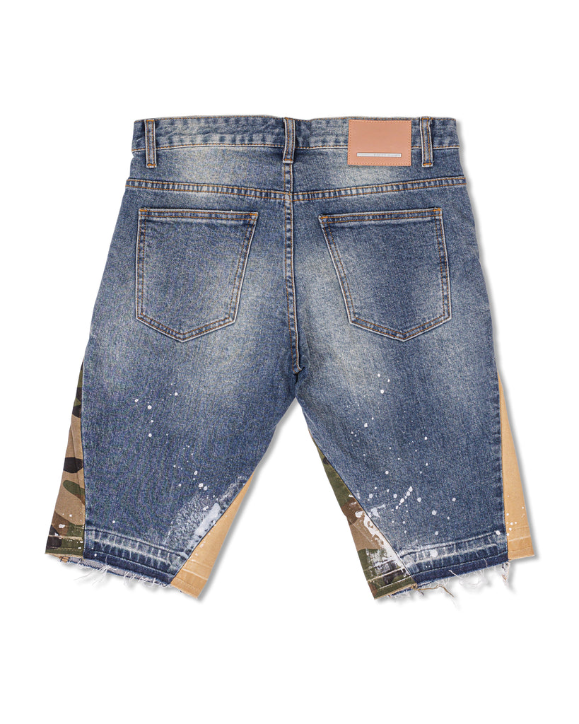 MULTI CAMO PANELED  RELEASED HEM DENIM SHORTS