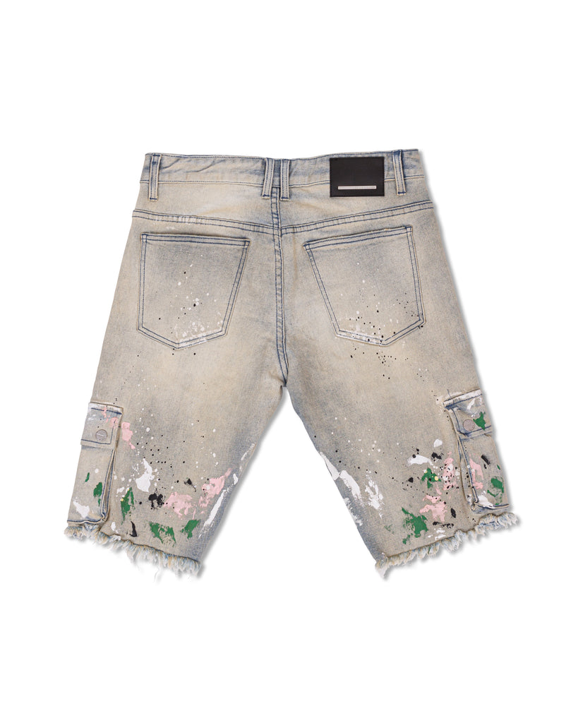 HAND PAINTED MULTI CARGO DENIM SHORTS