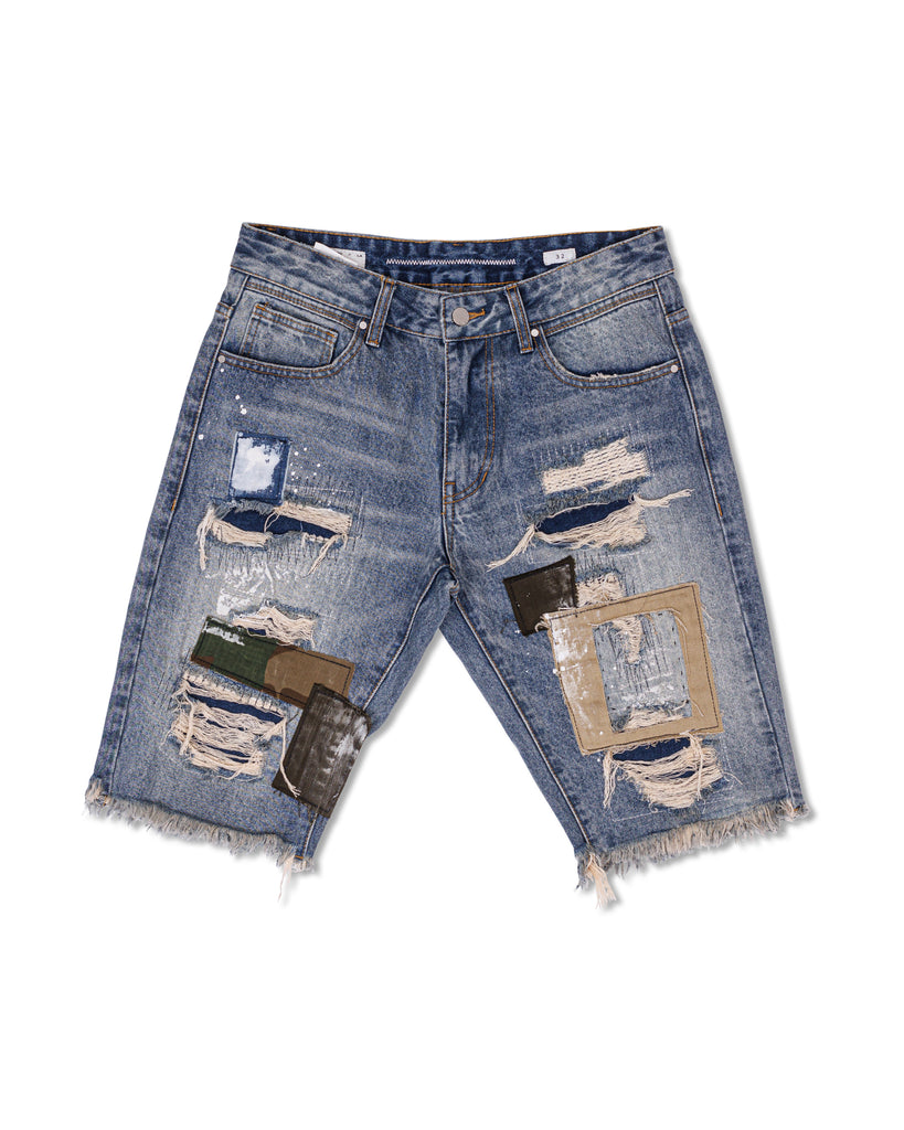 CAMO&TWILL PATCHED RIP&REPAIRED DENIM SHORTS