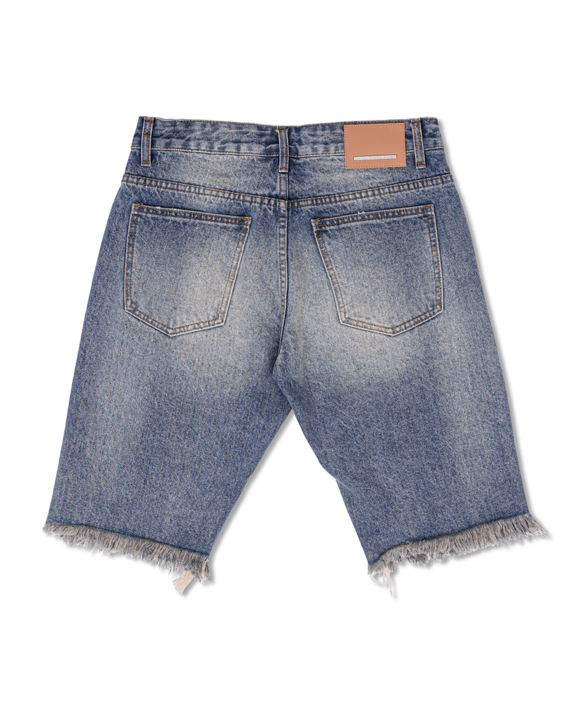 CAMO&TWILL PATCHED RIP&REPAIRED DENIM SHORTS