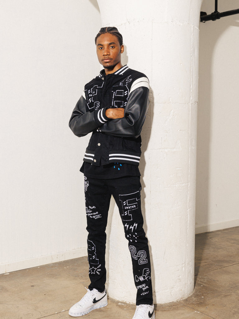 MULTI PATCH  SLIM FIT BLACK DENIM PANTS