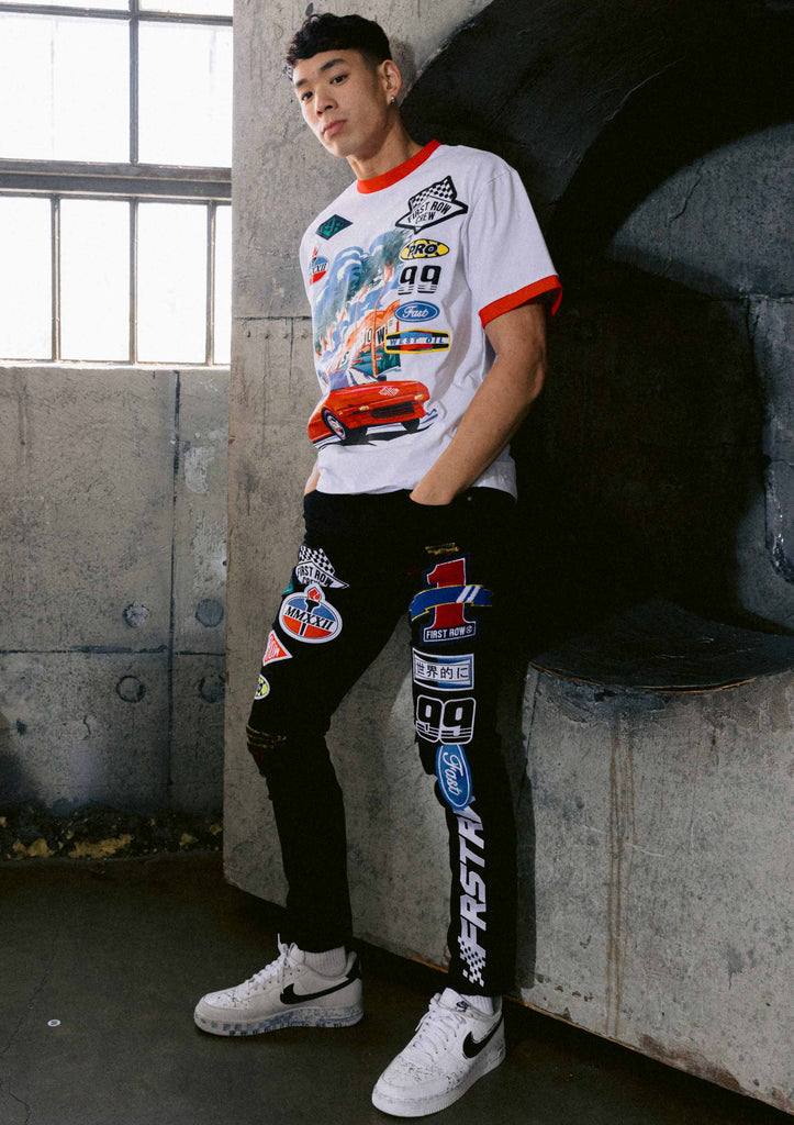 RACING MULTI PATCHES . GRAPHIC RINGER TEE