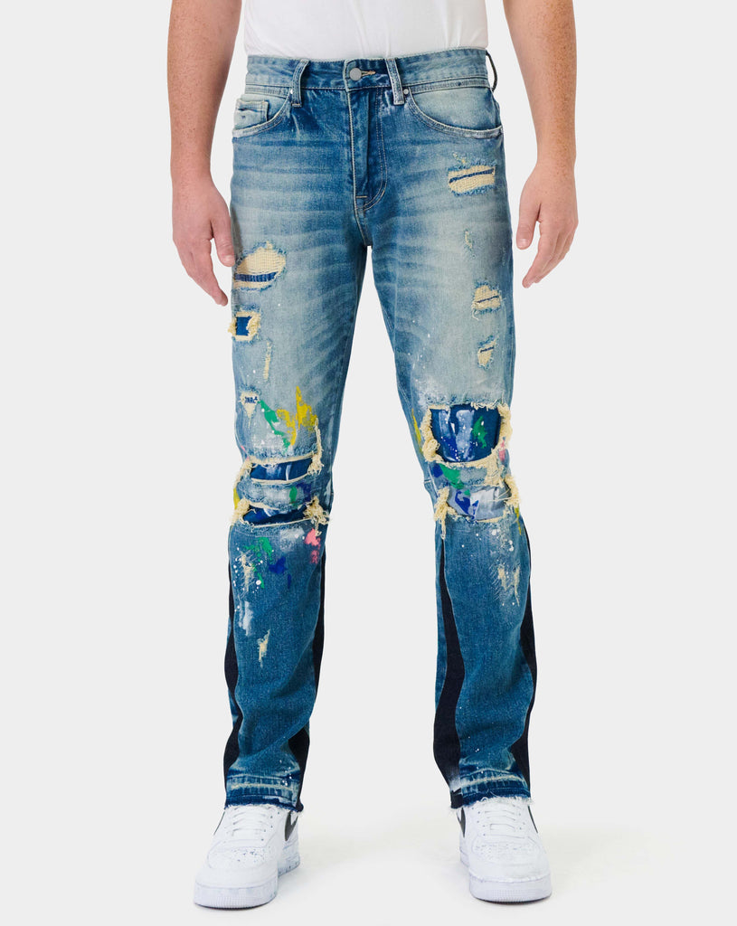 KNEE DESTROYED SLIM STRAIGHT DENIM