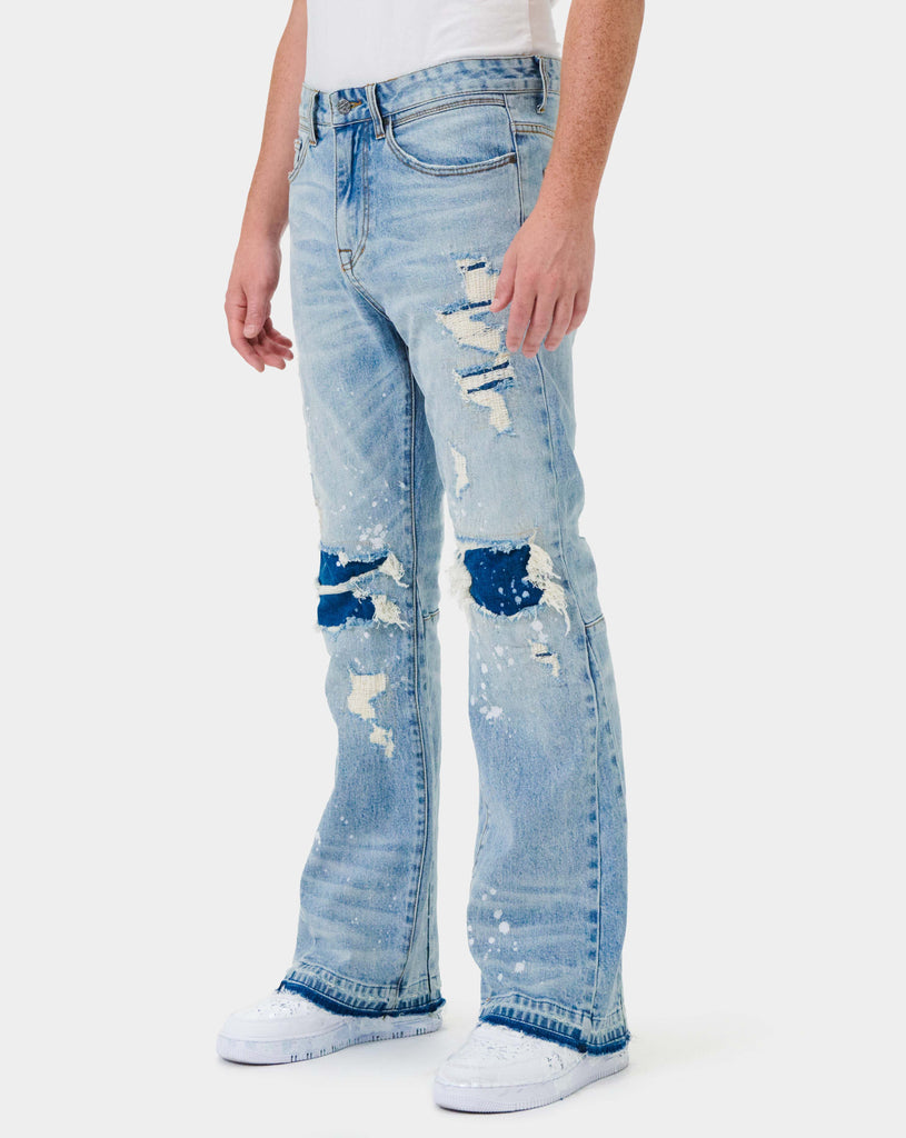 KNEE DESTROYED SLIM FLARE DENIM