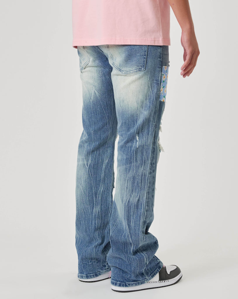 FLOWER AND CHECK FABRIC PATCHED SLIM FLARE DENIM