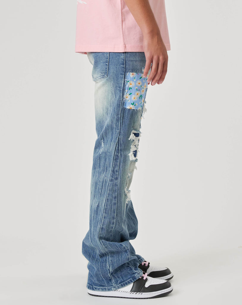 FLOWER AND CHECK FABRIC PATCHED SLIM FLARE DENIM