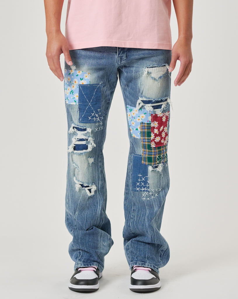 FLOWER AND CHECK FABRIC PATCHED SLIM FLARE DENIM