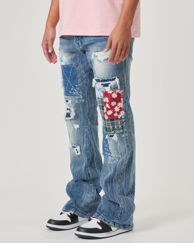 FLOWER AND CHECK FABRIC PATCHED SLIM FLARE DENIM