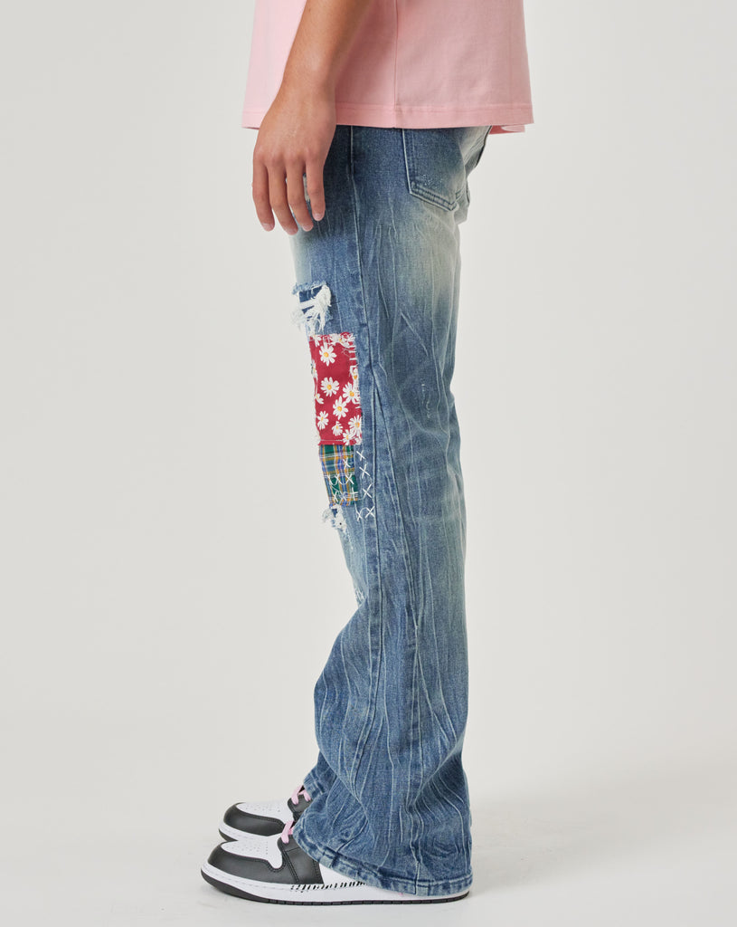 FLOWER AND CHECK FABRIC PATCHED SLIM FLARE DENIM