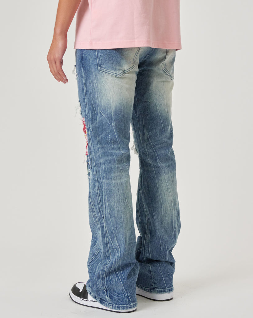 FLOWER AND CHECK FABRIC PATCHED SLIM FLARE DENIM