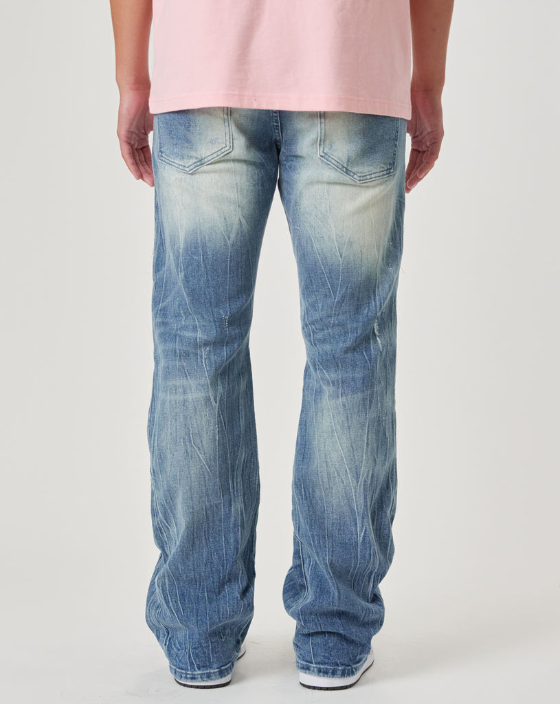 FLOWER AND CHECK FABRIC PATCHED SLIM FLARE DENIM