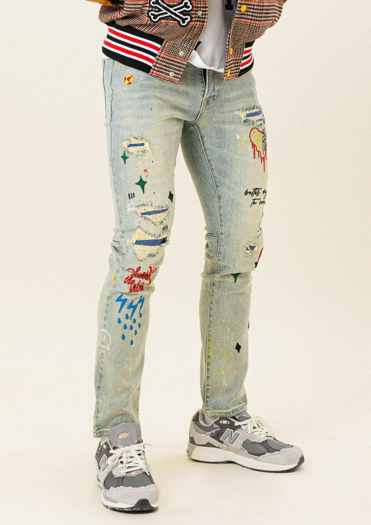 ALL OVER EMBROIDERED  SLIM FIT PANTS