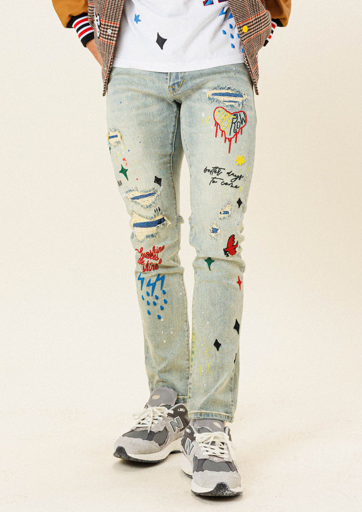 ALL OVER EMBROIDERED  SLIM FIT PANTS