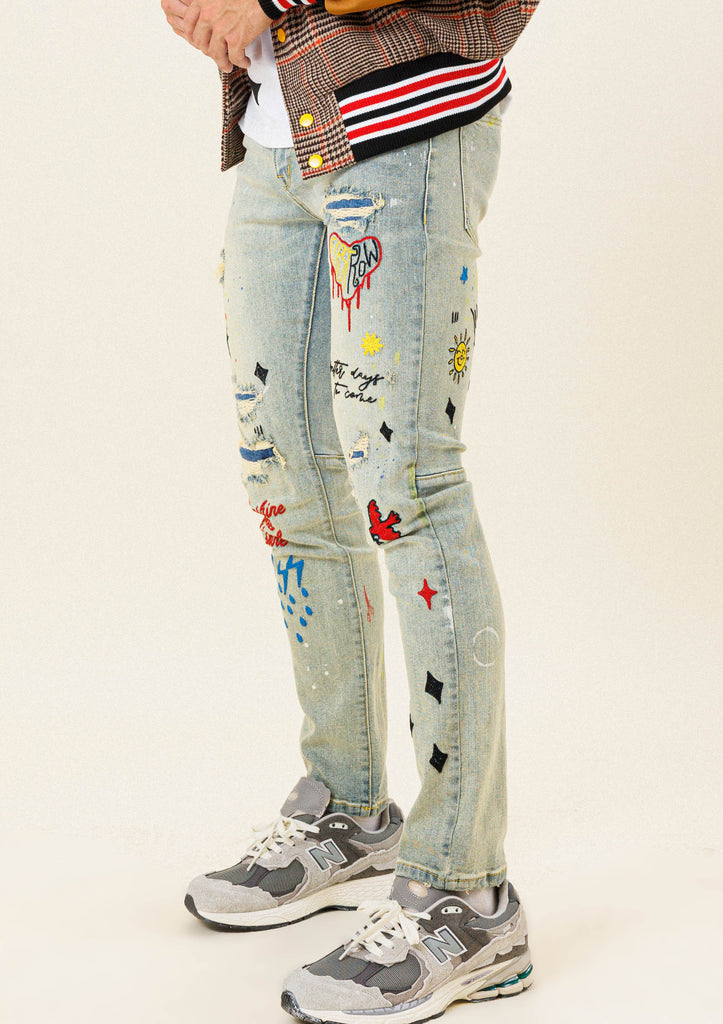 ALL OVER EMBROIDERED  SLIM FIT PANTS