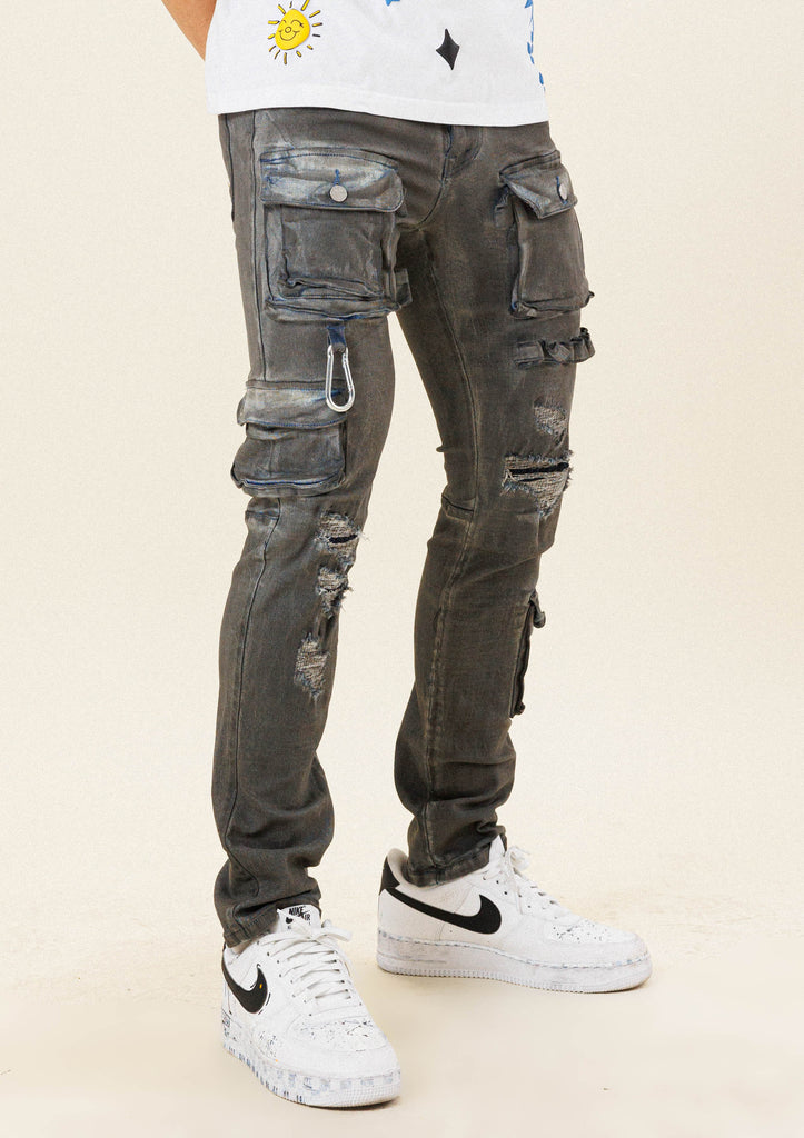 MULTI CARGO POCKET  SLIM FIT DENIM PANTS