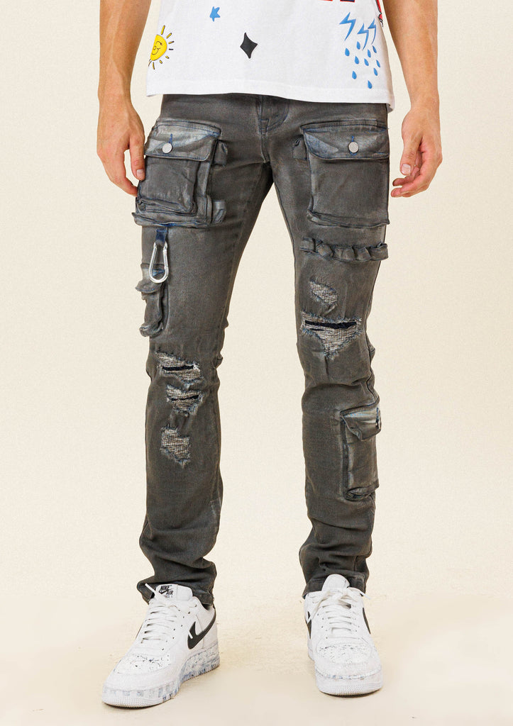 MULTI CARGO POCKET SLIM FIT DENIM PANTS | First Row