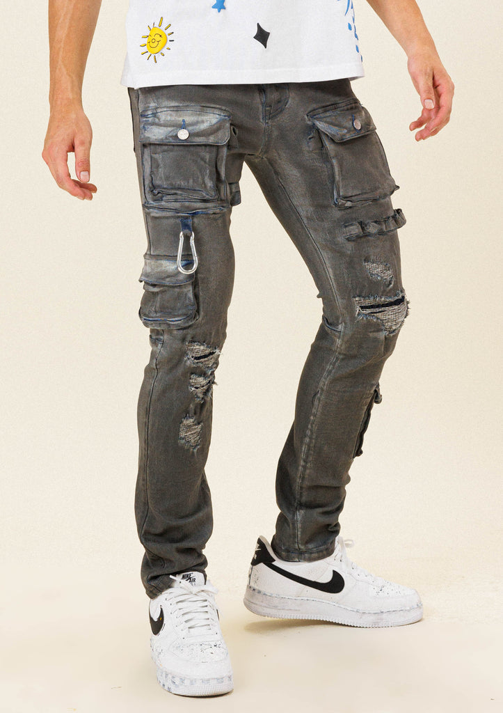 MULTI CARGO POCKET  SLIM FIT DENIM PANTS