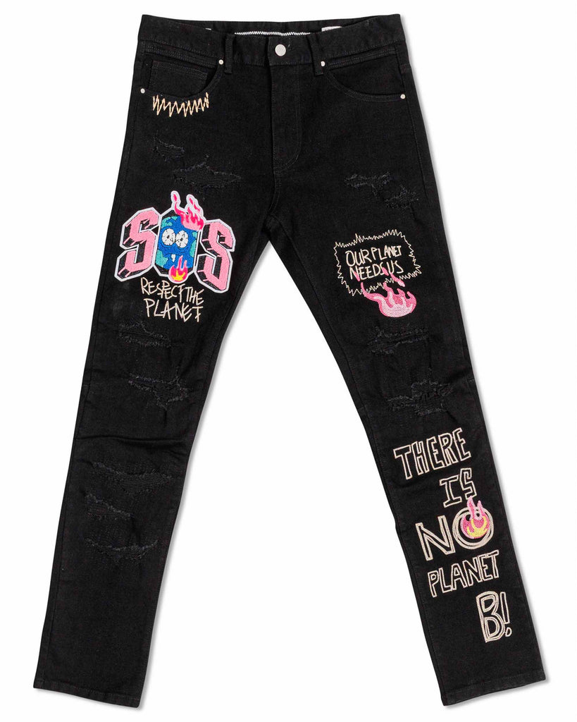 SAVE OUR PLANET CHENILE PATCH  SLIM FIT PANTS