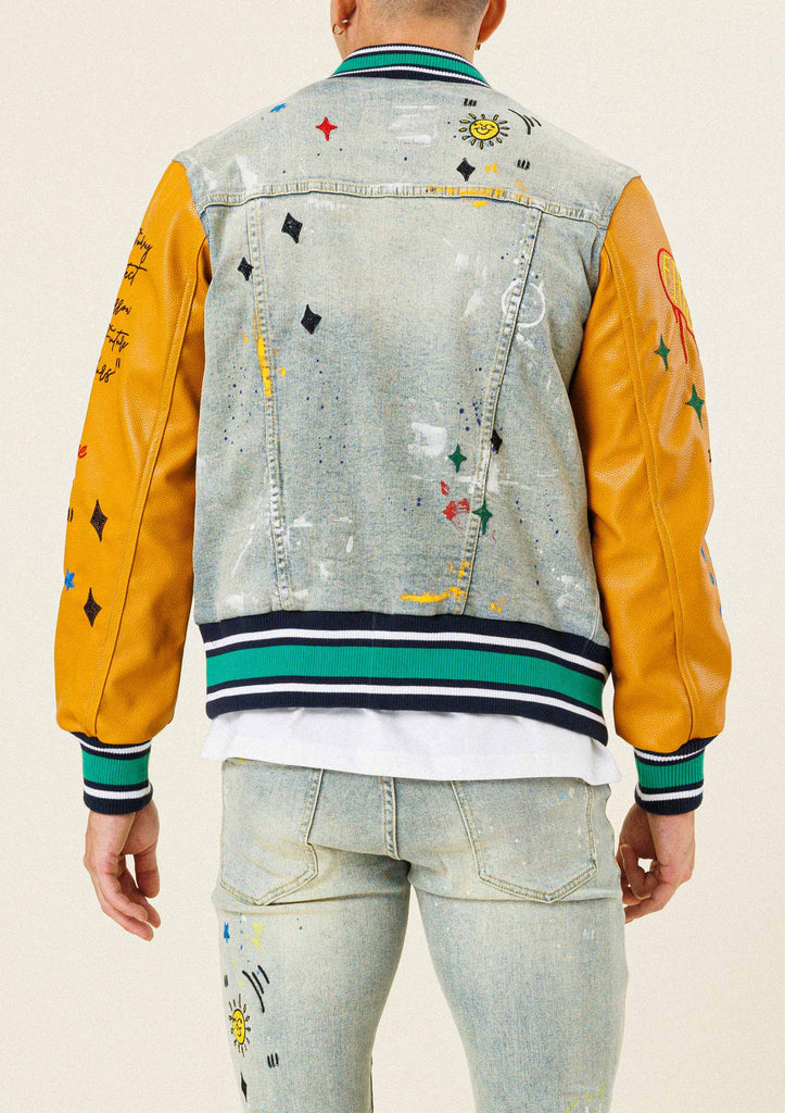 ALL OVER EMBROIDERED VARSITY  DENIM JACKET