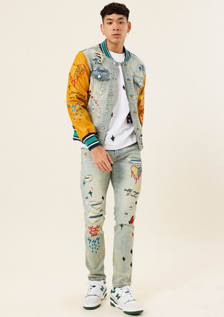 ALL OVER EMBROIDERED VARSITY  DENIM JACKET