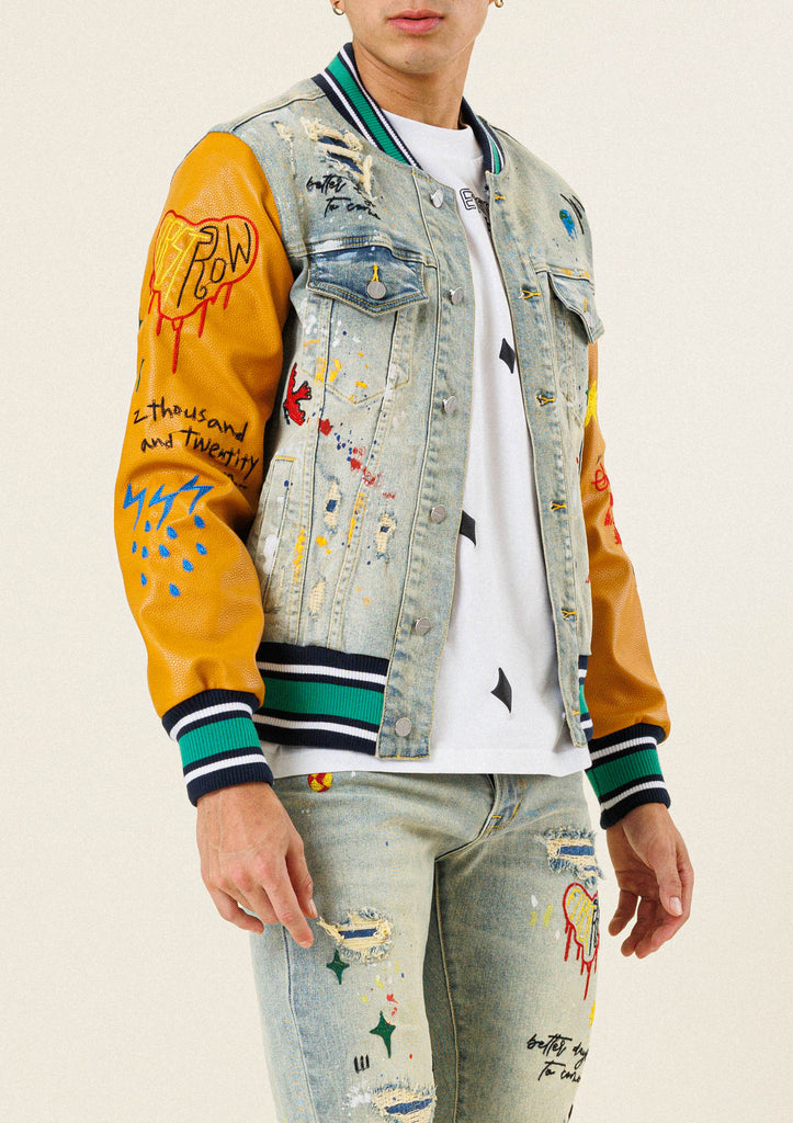 ALL OVER EMBROIDERED VARSITY  DENIM JACKET