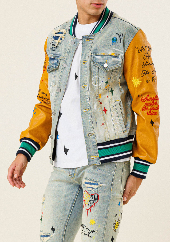 ALL OVER EMBROIDERED VARSITY  DENIM JACKET