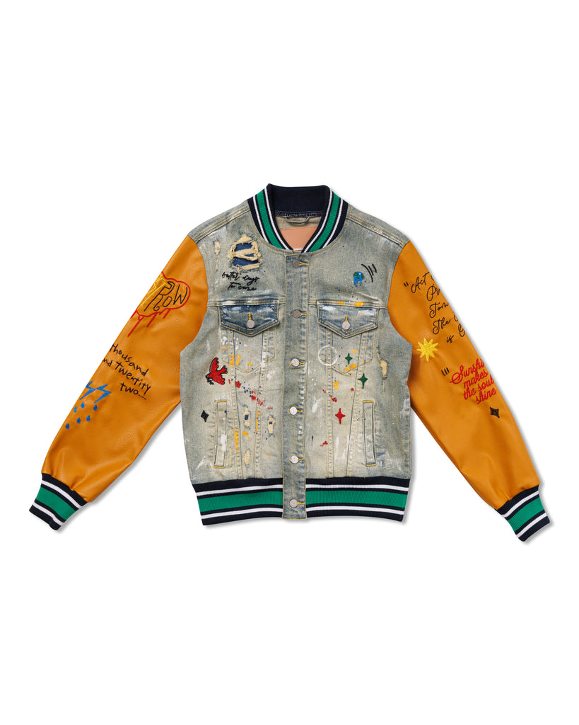 ALL OVER EMBROIDERED VARSITY DENIM JACKET