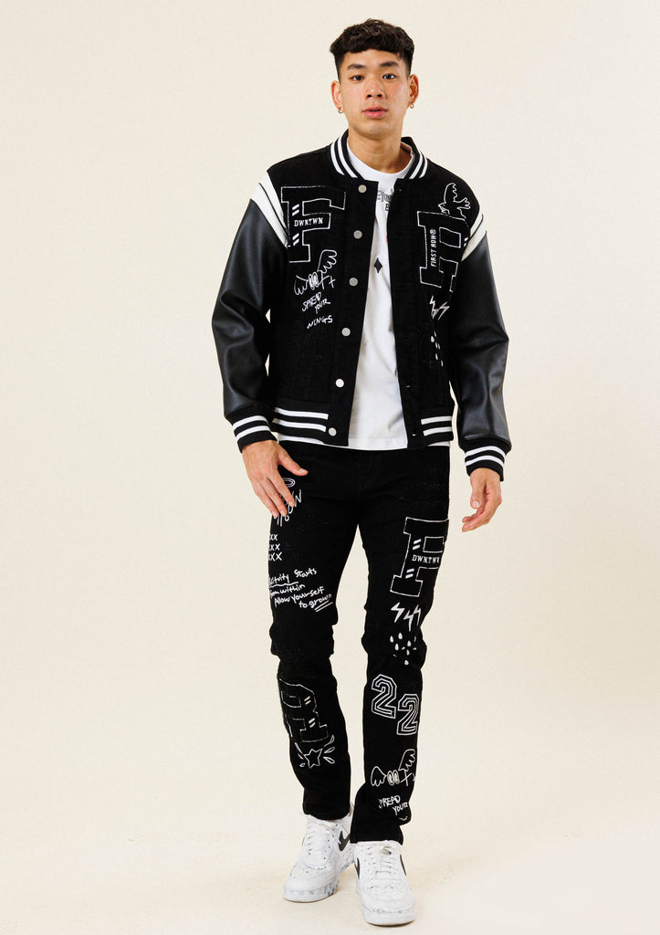 FIRST ROW ALL OVER EMBROIDERED VARSITY DENIM JACKET – 85 86