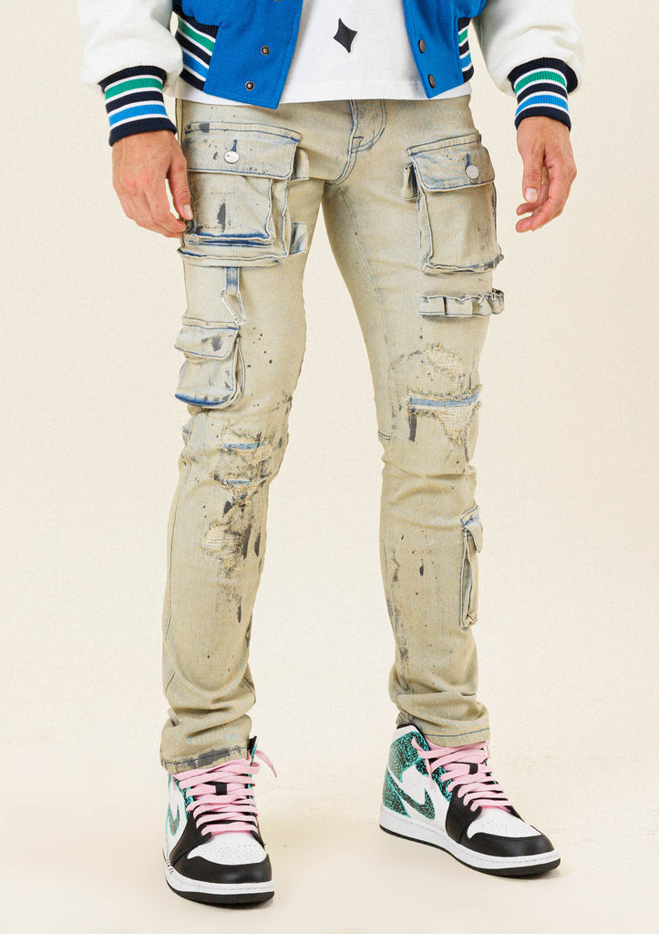 MULTI CARGO POCKET SLIM FIT DENIM PANTS | First Row