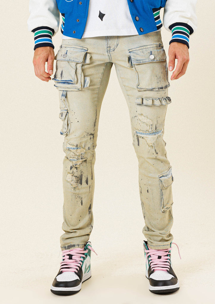 MULTI CARGO POCKET  SLIM FIT DENIM PANTS