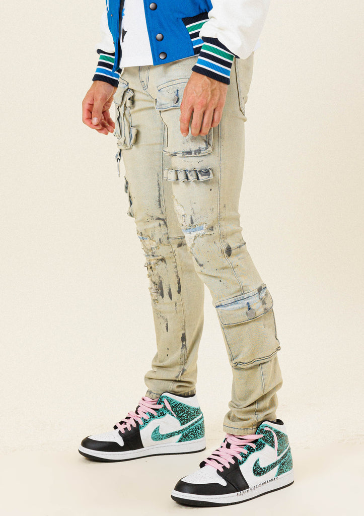 MULTI CARGO POCKET  SLIM FIT DENIM PANTS