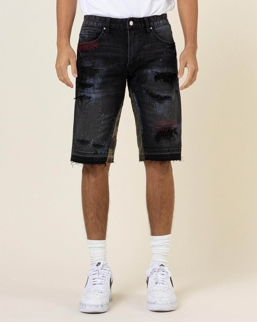 MULTI CAMO PANELED RELEASED HEM BLACK DENIM SHORTS