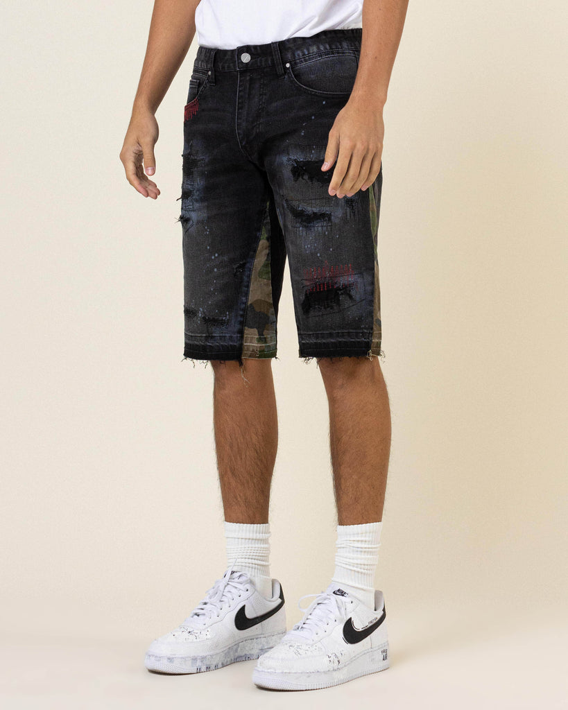 MULTI CAMO PANELED RELEASED HEM BLACK DENIM SHORTS