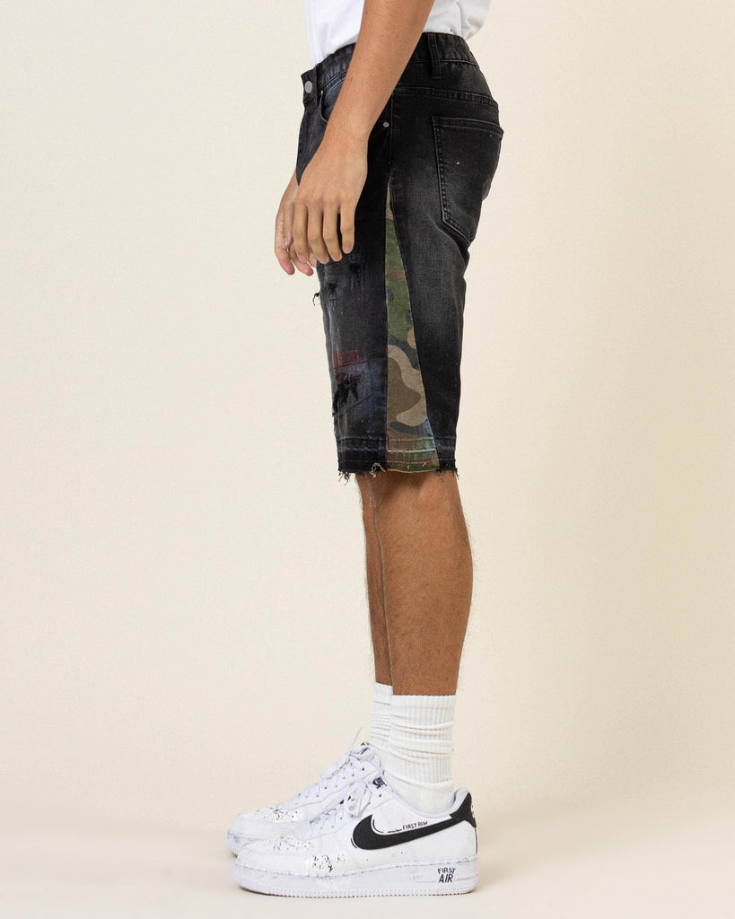 MULTI CAMO PANELED RELEASED HEM BLACK DENIM SHORTS