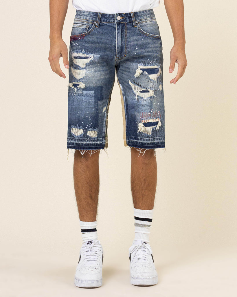 MULTI CAMO PANELED  RELEASED HEM DENIM SHORTS