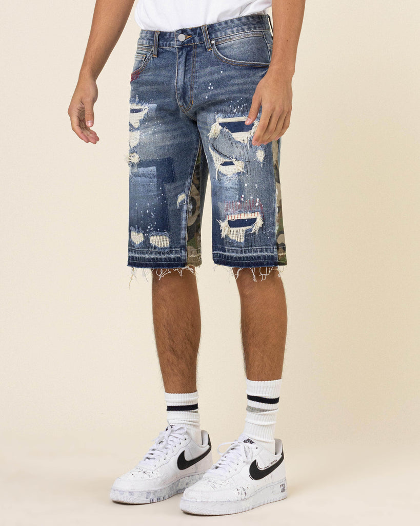 MULTI CAMO PANELED  RELEASED HEM DENIM SHORTS