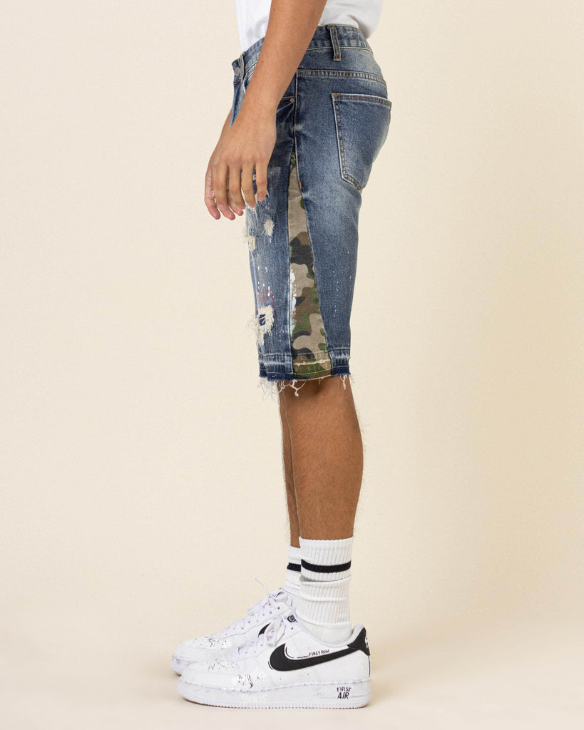 MULTI CAMO PANELED  RELEASED HEM DENIM SHORTS