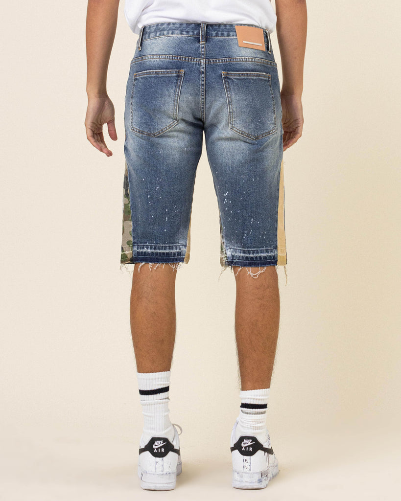 MULTI CAMO PANELED  RELEASED HEM DENIM SHORTS