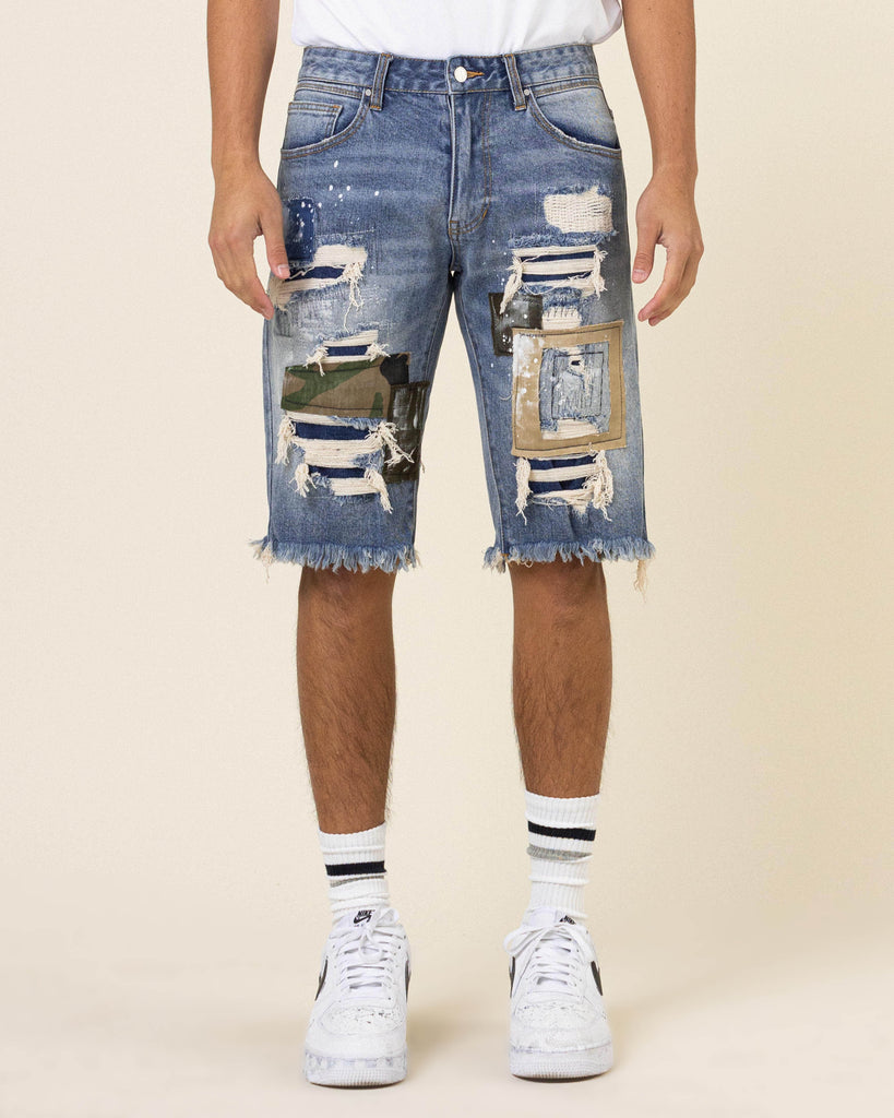CAMO&TWILL PATCHED RIP&REPAIRED DENIM SHORTS