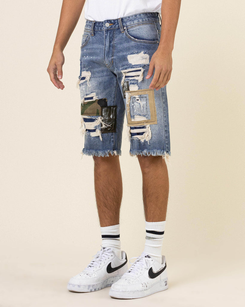 CAMO&TWILL PATCHED RIP&REPAIRED DENIM SHORTS