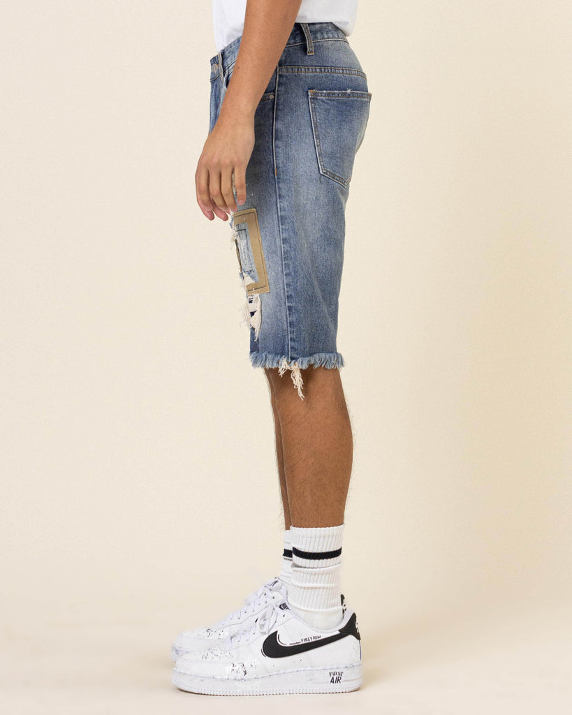 CAMO&TWILL PATCHED RIP&REPAIRED DENIM SHORTS