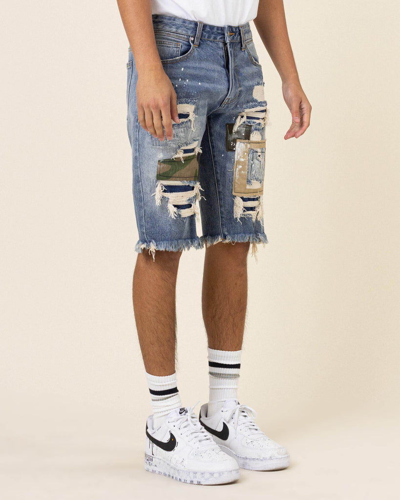 CAMO&TWILL PATCHED RIP&REPAIRED DENIM SHORTS