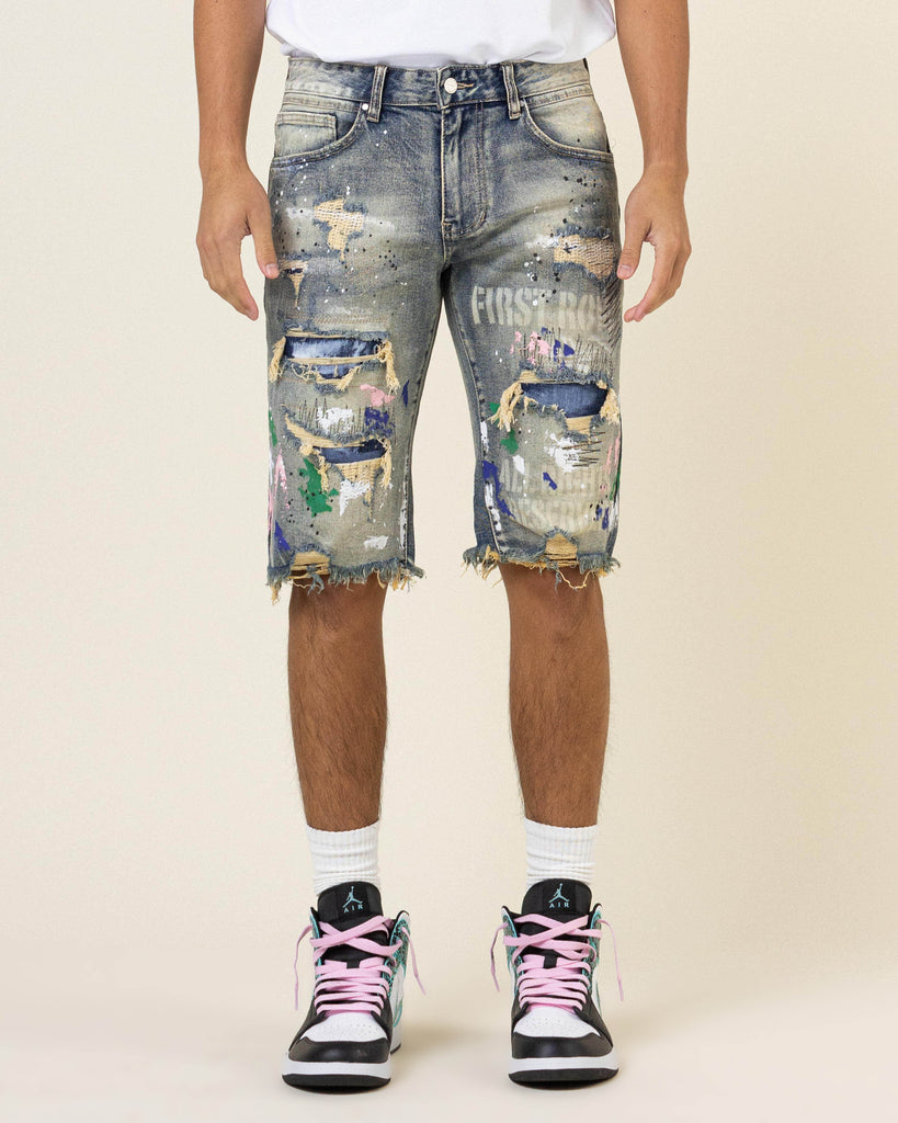 HAND PAINT & LOGO PRINT  RIP&REPAIR DENIM SHORTS